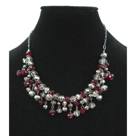Unbranded Jewelry - Faceted Crystal & Ruby Red Cluster Statement Necklace Silver Chain